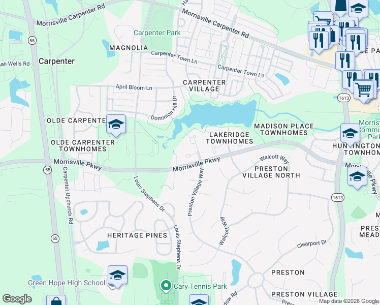 map of restaurants, bars, coffee shops, grocery stores, and more near 116 Lake Hickory Court in Cary