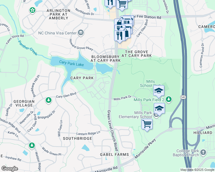 map of restaurants, bars, coffee shops, grocery stores, and more near 228 Waterford Lake Drive in Cary