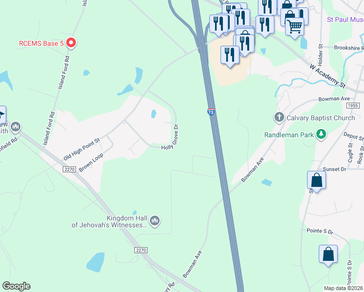 map of restaurants, bars, coffee shops, grocery stores, and more near 737 Holly Grove Drive in Randleman