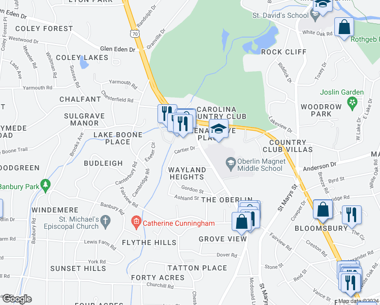 map of restaurants, bars, coffee shops, grocery stores, and more near 2607 Cartier Drive in Raleigh
