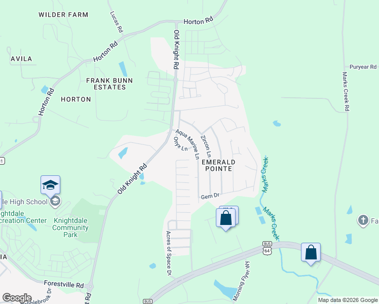 map of restaurants, bars, coffee shops, grocery stores, and more near 103 Onyx Lane in Knightdale