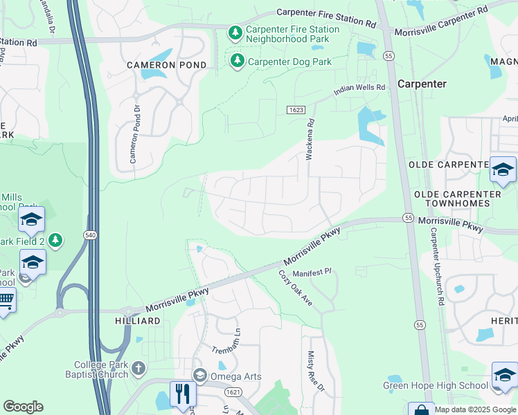 map of restaurants, bars, coffee shops, grocery stores, and more near 304 Leyton Lane in Cary