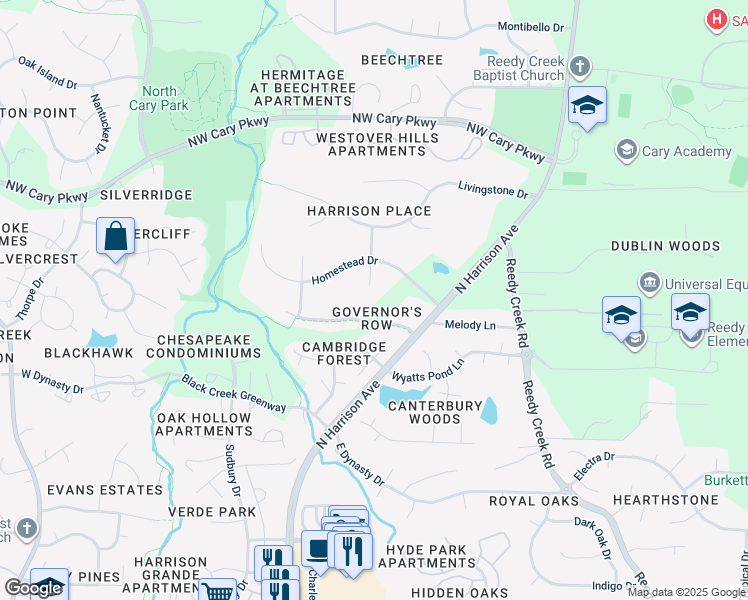 map of restaurants, bars, coffee shops, grocery stores, and more near 105 Settlers Circle in Cary
