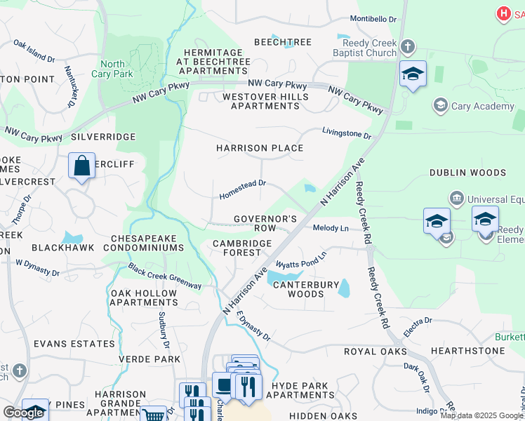 map of restaurants, bars, coffee shops, grocery stores, and more near 105 Settlers Circle in Cary
