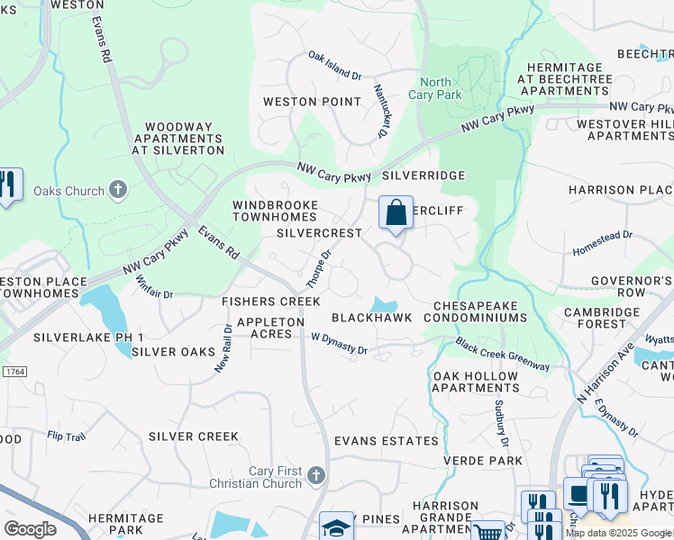 map of restaurants, bars, coffee shops, grocery stores, and more near 212 Dalmeny Drive in Cary