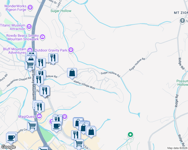 map of restaurants, bars, coffee shops, grocery stores, and more near 128 Alpine Mountain Way in Pigeon Forge