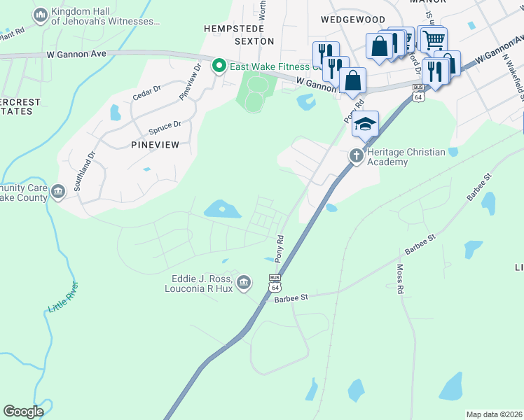 map of restaurants, bars, coffee shops, grocery stores, and more near 705 Pony Road in Zebulon