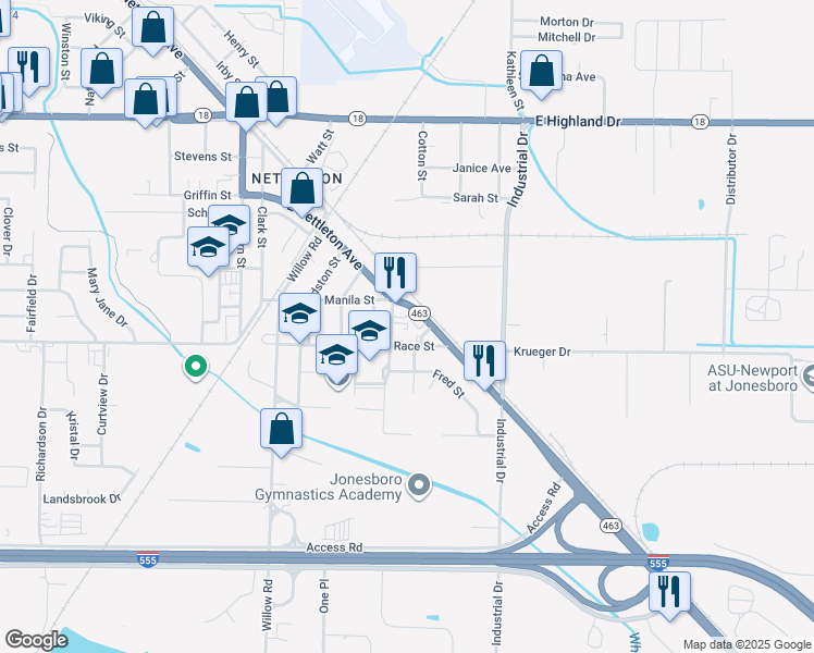 map of restaurants, bars, coffee shops, grocery stores, and more near 2420 Dudley Street in Jonesboro