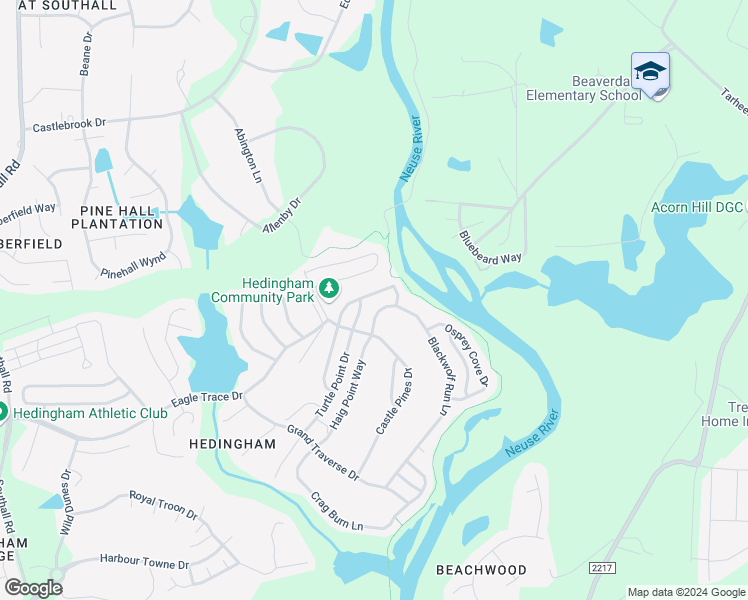 map of restaurants, bars, coffee shops, grocery stores, and more near 2428 Bay Harbor Drive in Raleigh