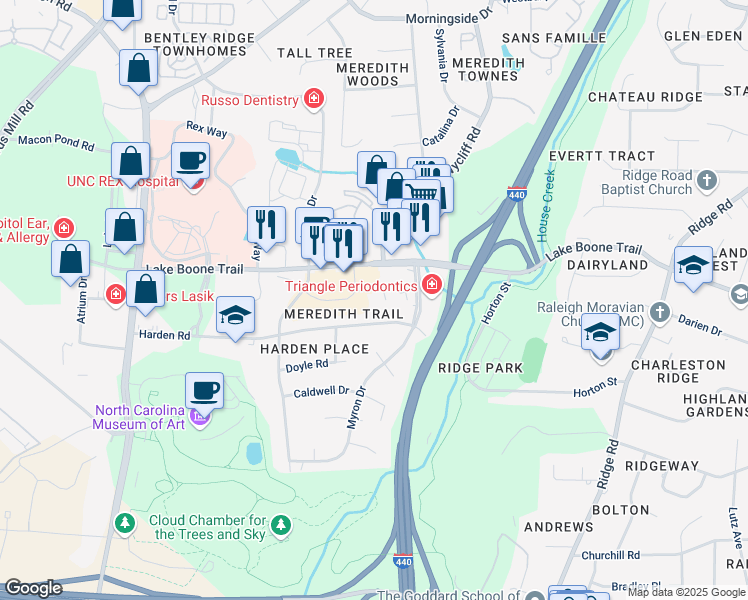 map of restaurants, bars, coffee shops, grocery stores, and more near in Raleigh
