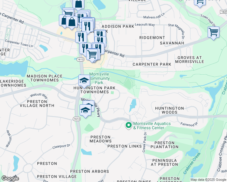 map of restaurants, bars, coffee shops, grocery stores, and more near 900 Golden Horseshoe Circle in Morrisville
