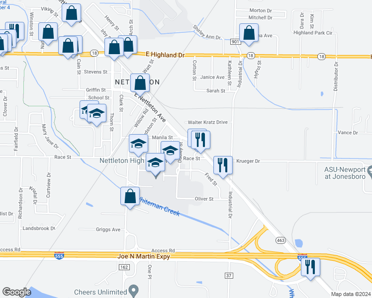 map of restaurants, bars, coffee shops, grocery stores, and more near 2414 High Street in Jonesboro