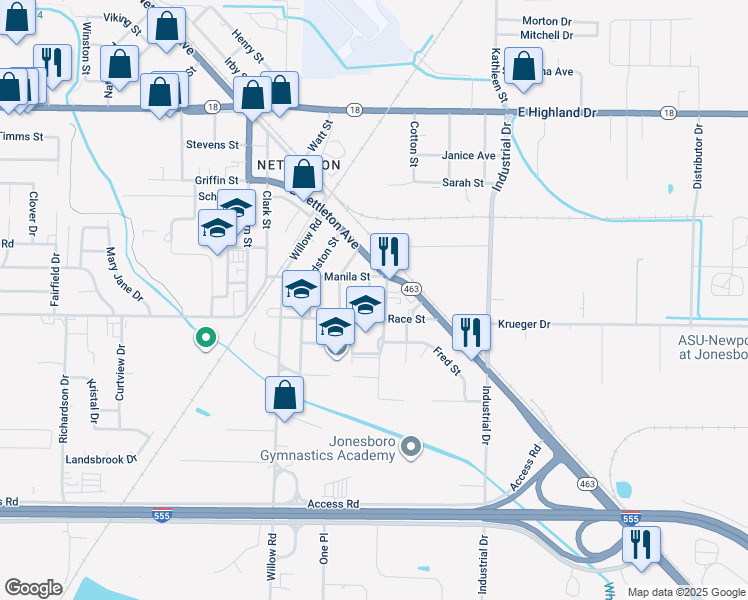 map of restaurants, bars, coffee shops, grocery stores, and more near 2414 High Street in Jonesboro