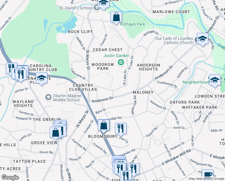 map of restaurants, bars, coffee shops, grocery stores, and more near 4003 Dix Street in Raleigh