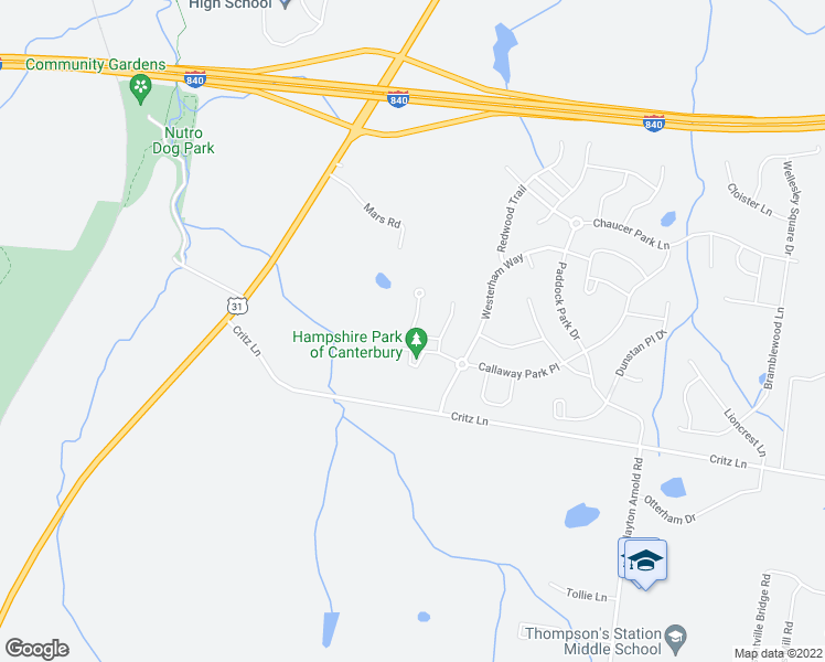 map of restaurants, bars, coffee shops, grocery stores, and more near 1650 Hampshire Place in Thompson's Station