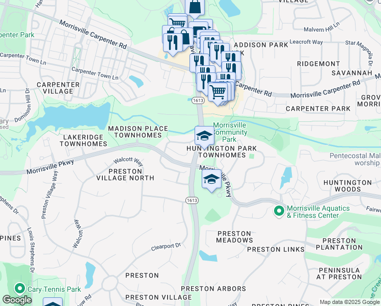 map of restaurants, bars, coffee shops, grocery stores, and more near 225 Murray Glen Drive in Cary