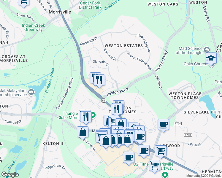 map of restaurants, bars, coffee shops, grocery stores, and more near 321 View Drive in Morrisville