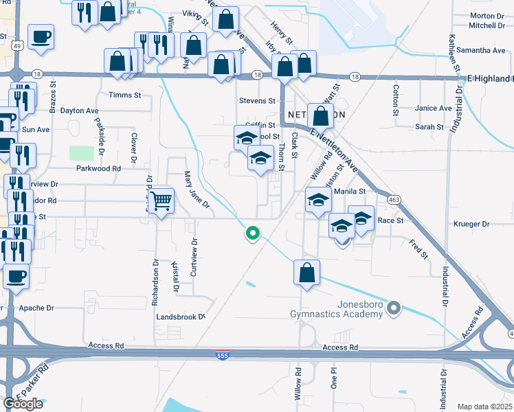 map of restaurants, bars, coffee shops, grocery stores, and more near 2305 Promise Lane in Jonesboro