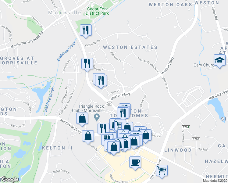 map of restaurants, bars, coffee shops, grocery stores, and more near View Drive in Cary