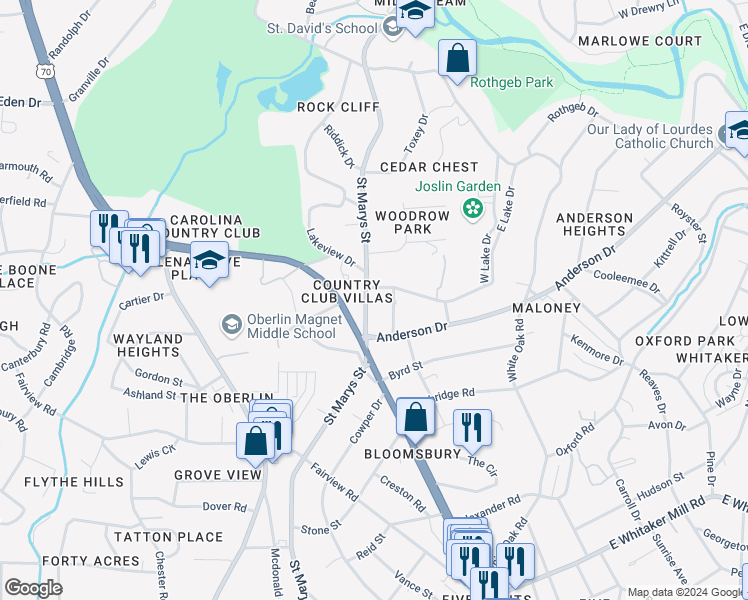 map of restaurants, bars, coffee shops, grocery stores, and more near 2512 Saint Marys Street in Raleigh