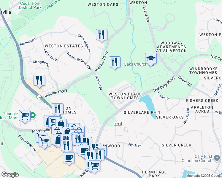 map of restaurants, bars, coffee shops, grocery stores, and more near 242 Langford Valley Way in Cary
