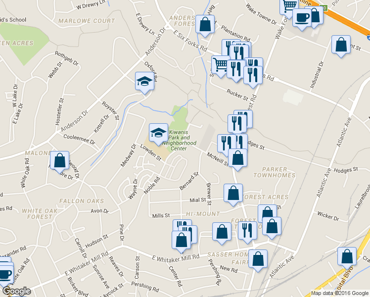 map of restaurants, bars, coffee shops, grocery stores, and more near 2440 Noble Road in Raleigh