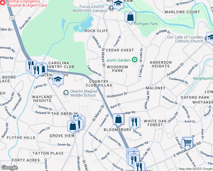 map of restaurants, bars, coffee shops, grocery stores, and more near 2512 Saint Marys Street in Raleigh