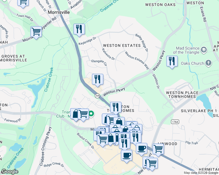 map of restaurants, bars, coffee shops, grocery stores, and more near 15501 Weston Parkway in Cary