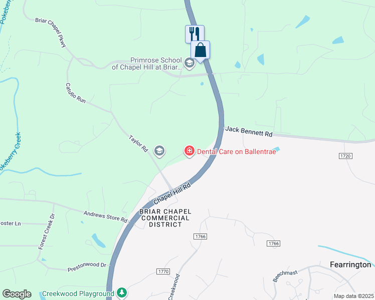 map of restaurants, bars, coffee shops, grocery stores, and more near Ballentrae Court in Fearrington