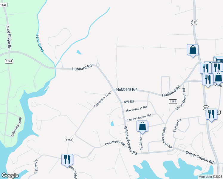 map of restaurants, bars, coffee shops, grocery stores, and more near 23 Cemetery Loop in Hickory