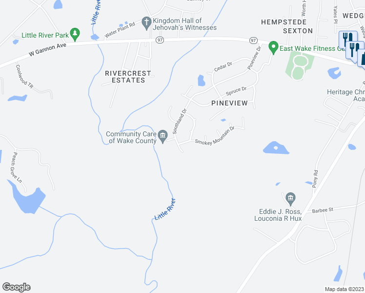 map of restaurants, bars, coffee shops, grocery stores, and more near 1499 Smokey Mountain Drive in Zebulon