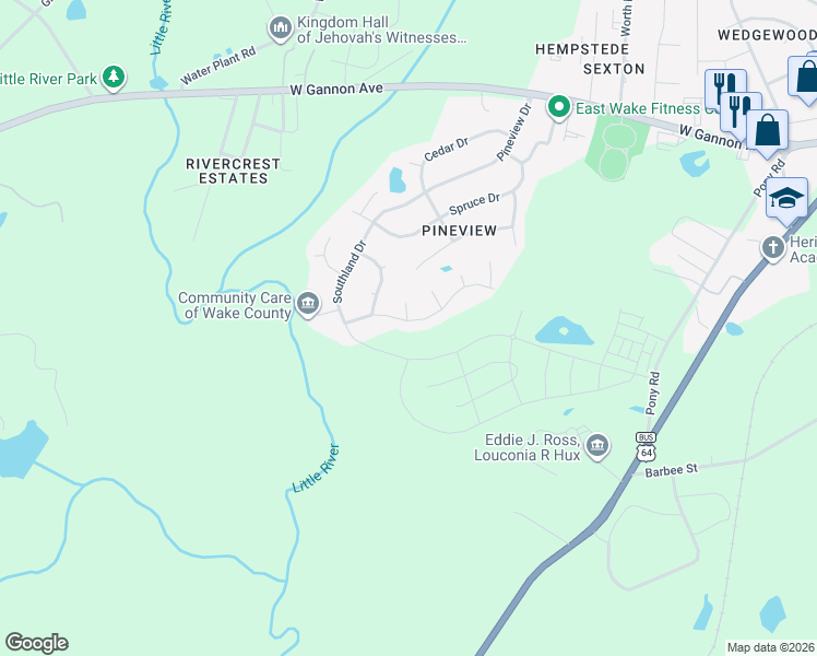map of restaurants, bars, coffee shops, grocery stores, and more near 1461 Smokey Mountain Drive in Zebulon