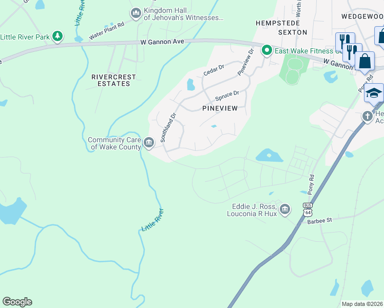 map of restaurants, bars, coffee shops, grocery stores, and more near 1461 Smokey Mountain Drive in Zebulon