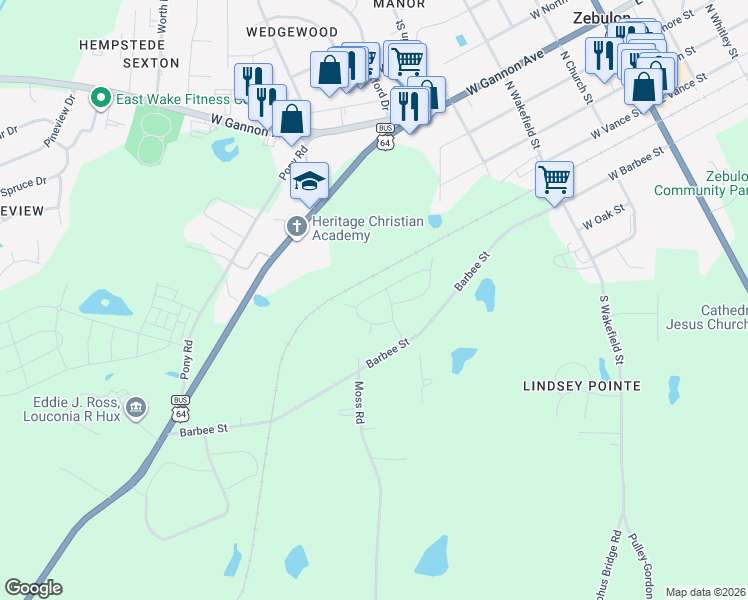 map of restaurants, bars, coffee shops, grocery stores, and more near 109 Westside Circle in Zebulon
