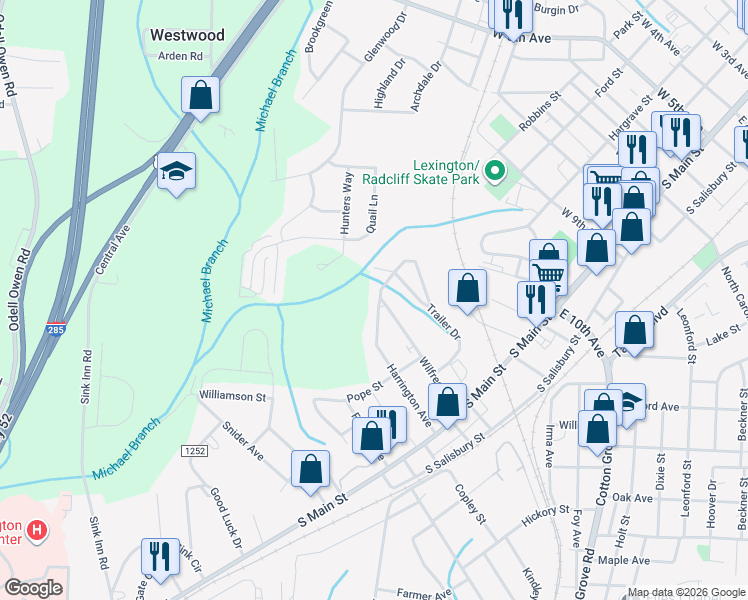 map of restaurants, bars, coffee shops, grocery stores, and more near 123 Harrington Avenue in Lexington