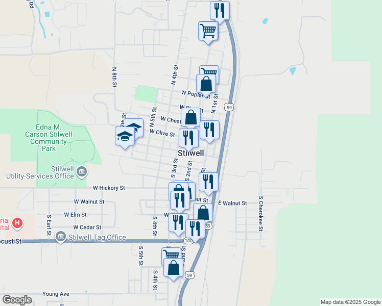 map of restaurants, bars, coffee shops, grocery stores, and more near in Stilwell