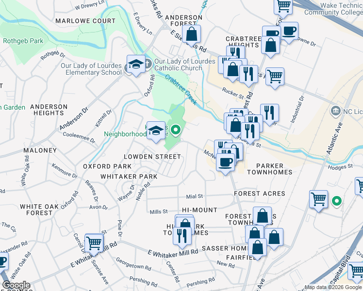 map of restaurants, bars, coffee shops, grocery stores, and more near 2440 Noble Road in Raleigh