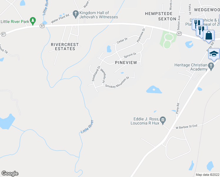 map of restaurants, bars, coffee shops, grocery stores, and more near 1473 Smokey Mountain Drive in Zebulon