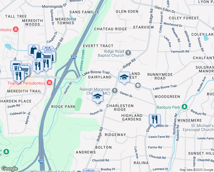 map of restaurants, bars, coffee shops, grocery stores, and more near 3313 Darien Drive in Raleigh