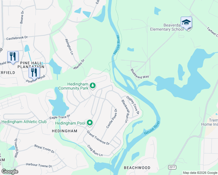 map of restaurants, bars, coffee shops, grocery stores, and more near 2630 Blackwolf Run Lane in Raleigh
