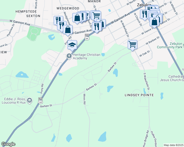map of restaurants, bars, coffee shops, grocery stores, and more near 125 Westside Circle in Zebulon