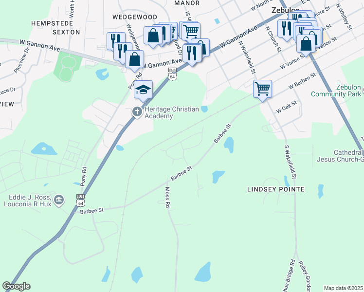 map of restaurants, bars, coffee shops, grocery stores, and more near 125 Westside Circle in Zebulon
