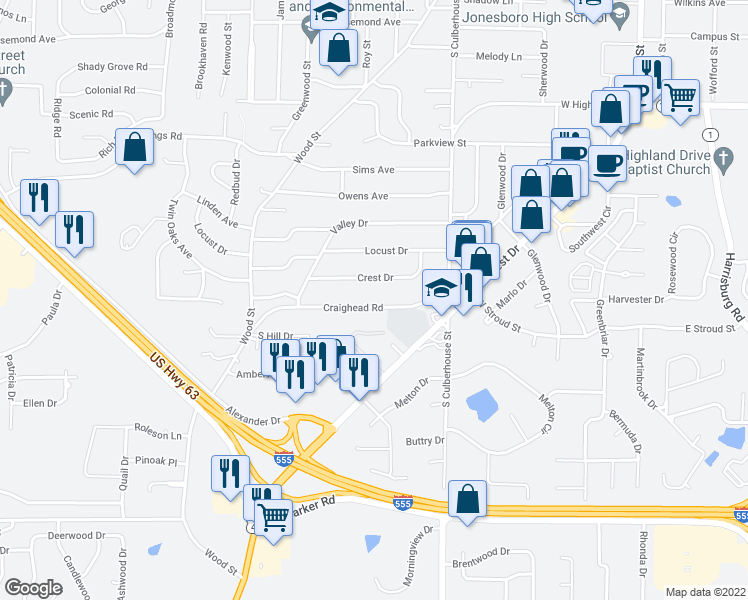 map of restaurants, bars, coffee shops, grocery stores, and more near 722 Craighead Road in Jonesboro