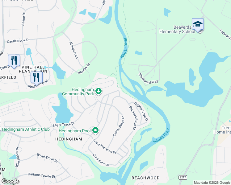 map of restaurants, bars, coffee shops, grocery stores, and more near 2630 Blackwolf Run Lane in Raleigh