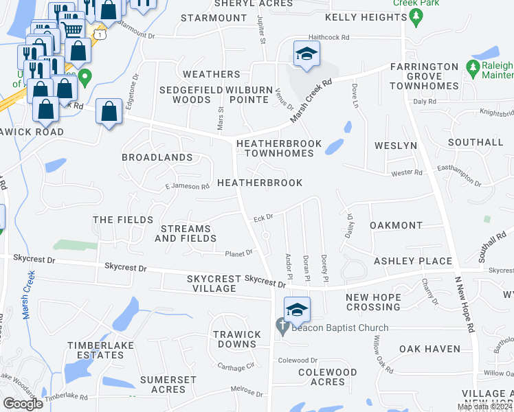 map of restaurants, bars, coffee shops, grocery stores, and more near 2425 Trawick Road in Raleigh