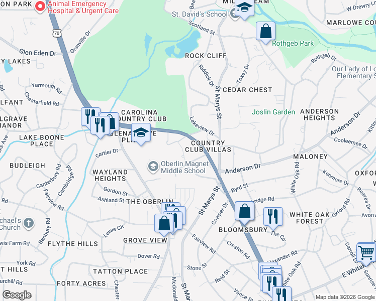 map of restaurants, bars, coffee shops, grocery stores, and more near 2526 Wake Drive in Raleigh