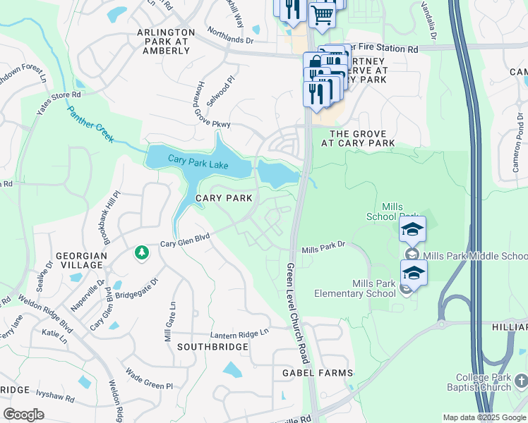 map of restaurants, bars, coffee shops, grocery stores, and more near 528 Waterford Lake Drive in Cary