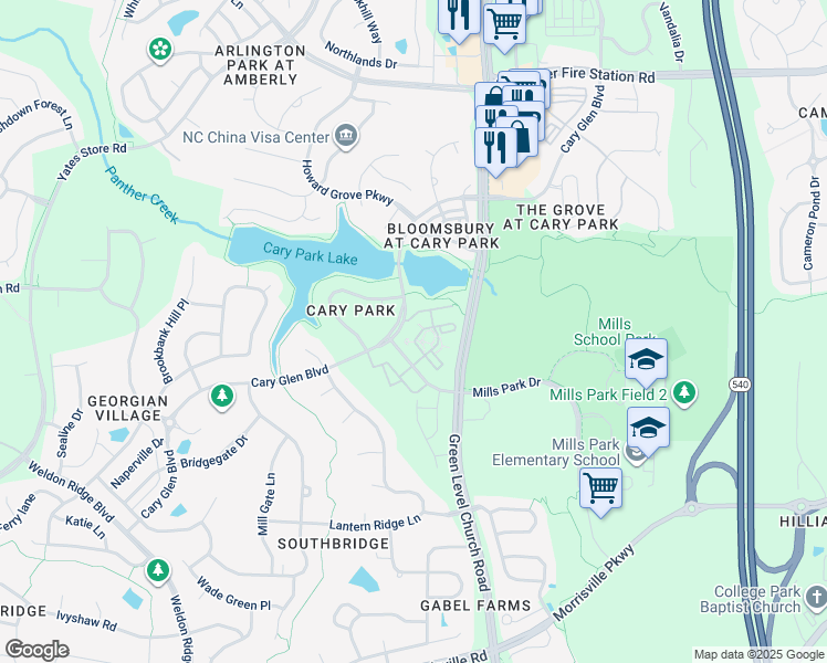 map of restaurants, bars, coffee shops, grocery stores, and more near 513 Waterford Lake Drive in Cary