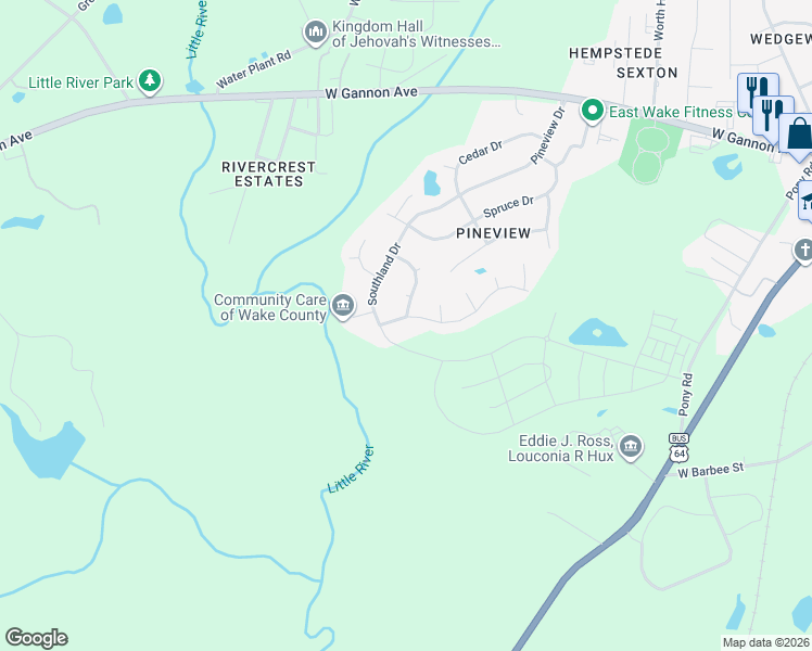 map of restaurants, bars, coffee shops, grocery stores, and more near 313 Southland Drive in Zebulon