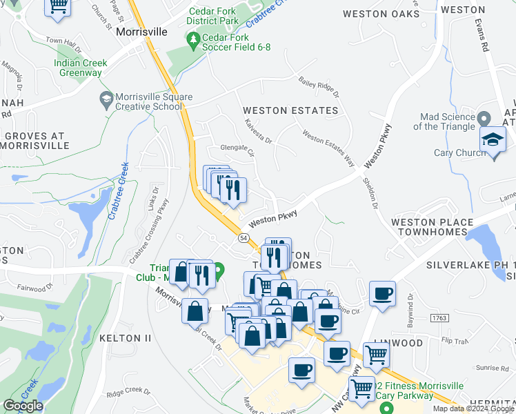 map of restaurants, bars, coffee shops, grocery stores, and more near 322 View Drive in Morrisville
